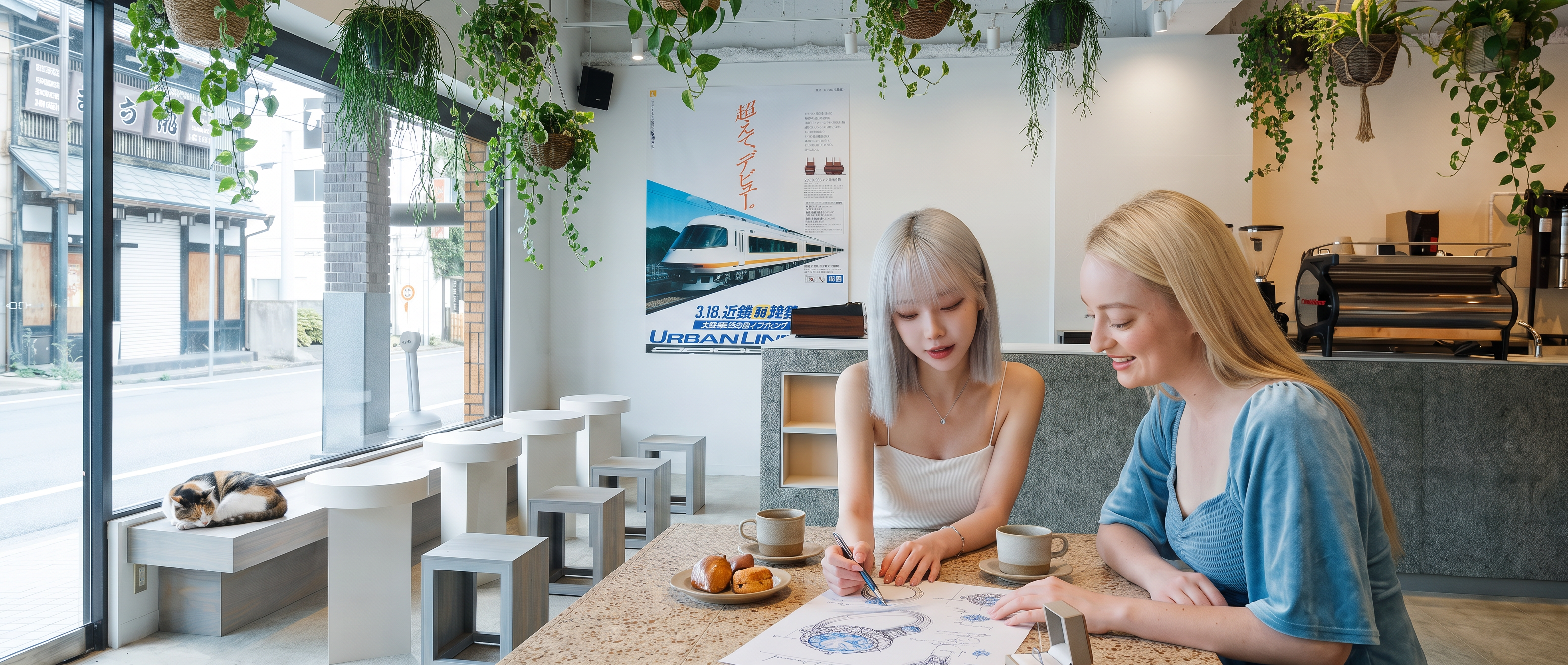Two people reviewing a custom jewelry sketch together at a cafe table